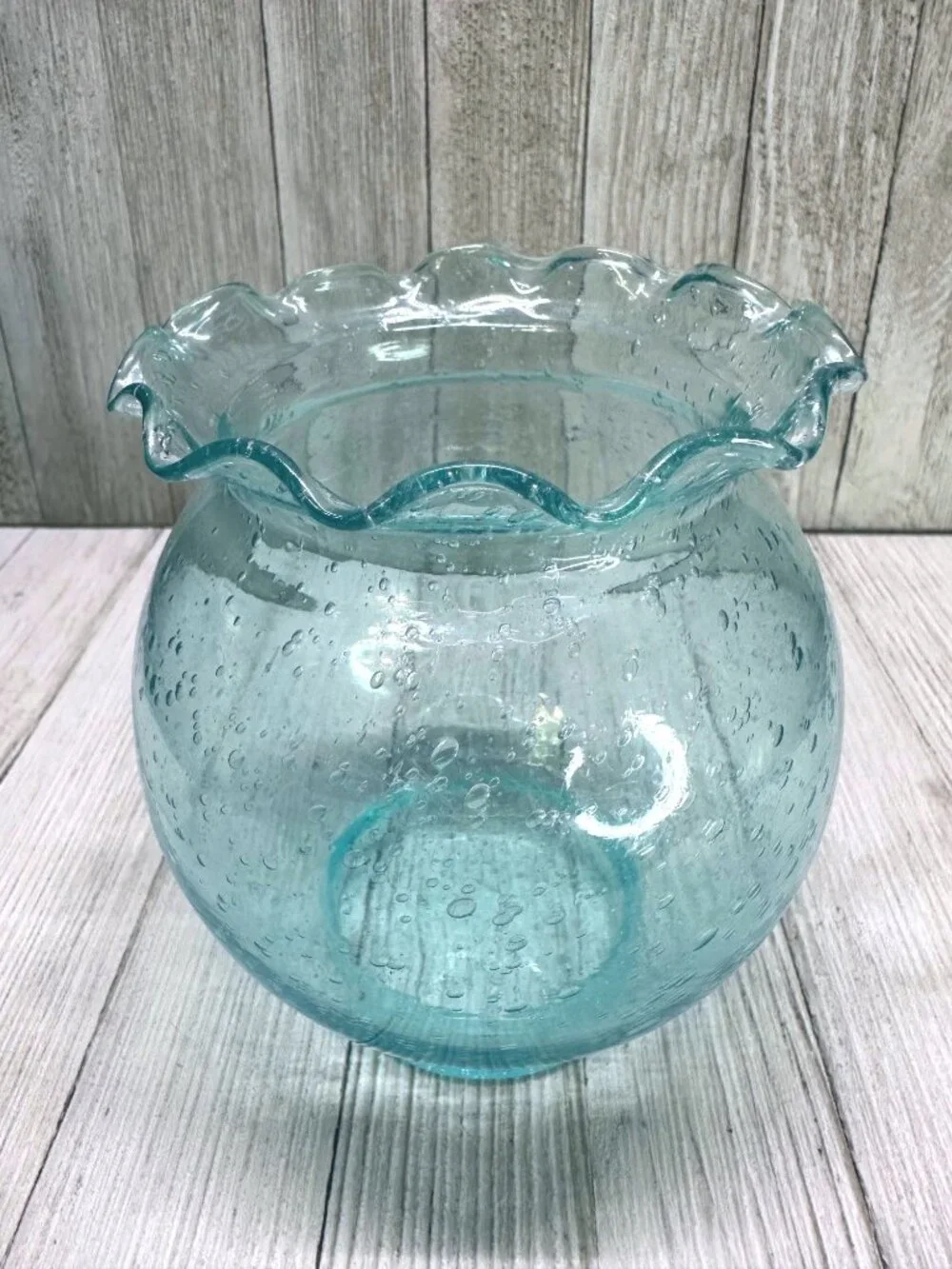 Vtg Light Blue Bubble Glass Vase with Ruffled Lip 5